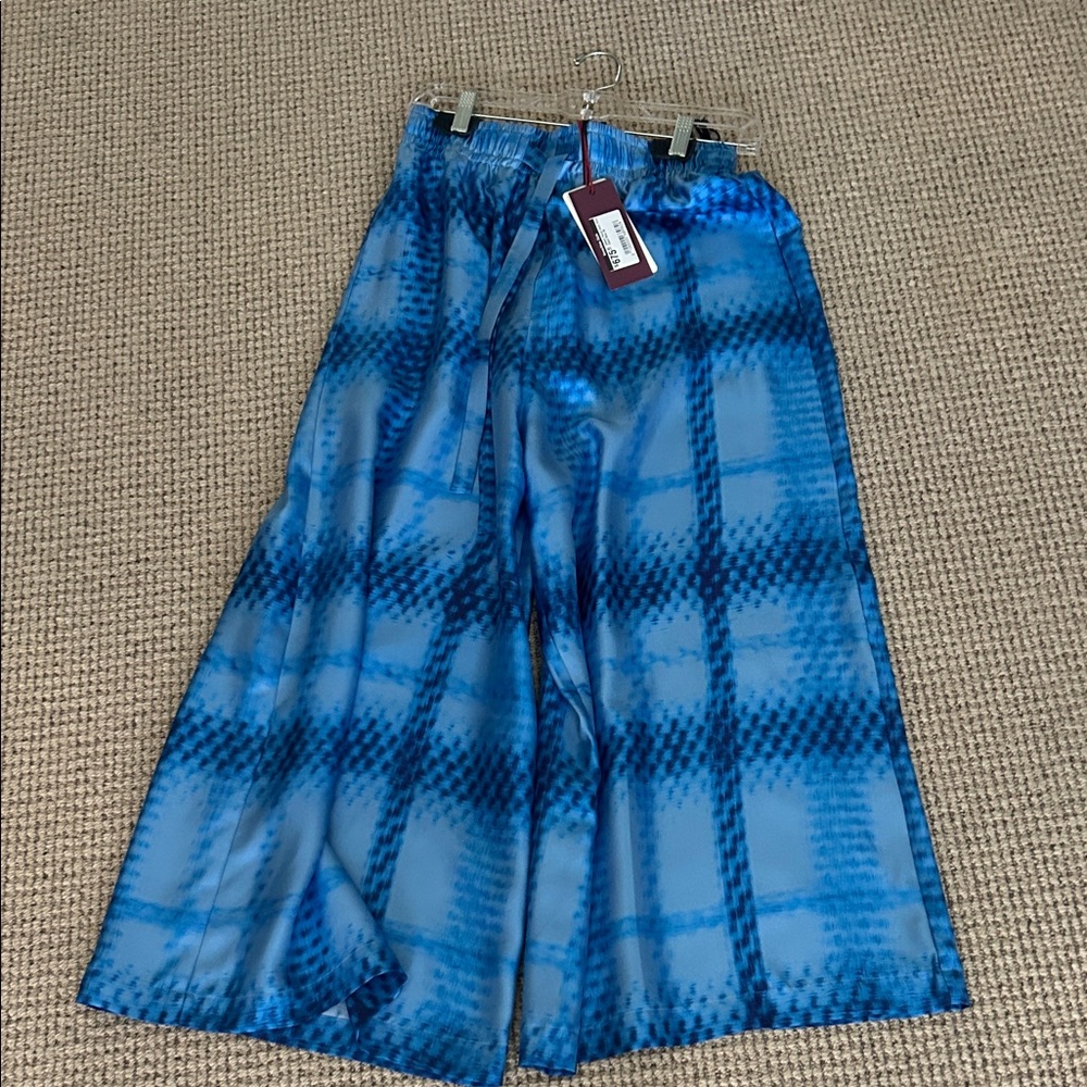 Wide Leg Blue Plaid Satin Pants